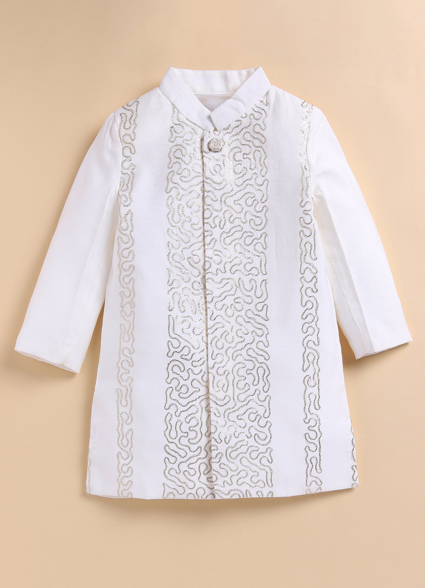 Blended Silk Full Sleeves Zari Embroidered Achkan Bandhgala Sherwani  with Pants Ethnicwear Set- White