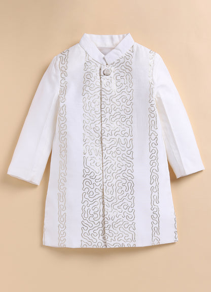 Blended Silk Full Sleeves Zari Embroidered Achkan Bandhgala Sherwani  with Pants Ethnicwear Set- White