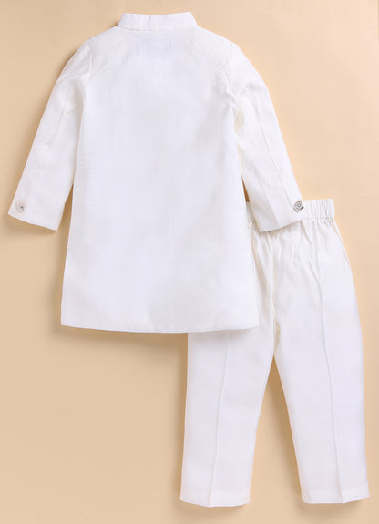 Blended Silk Full Sleeves Zari Embroidered Achkan Bandhgala Sherwani  with Pants Ethnicwear Set- White