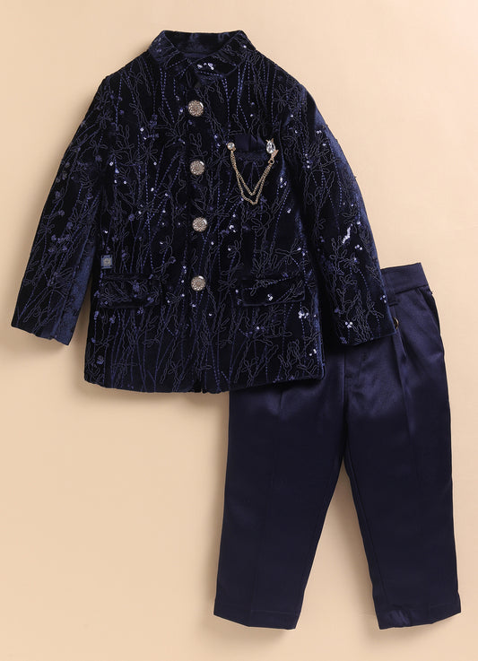 Velvet Full Sleeves Heavy All over Embellished and Embroidered Bandhgala Prince Coat with Trousers Ethnicwear Set- Navy