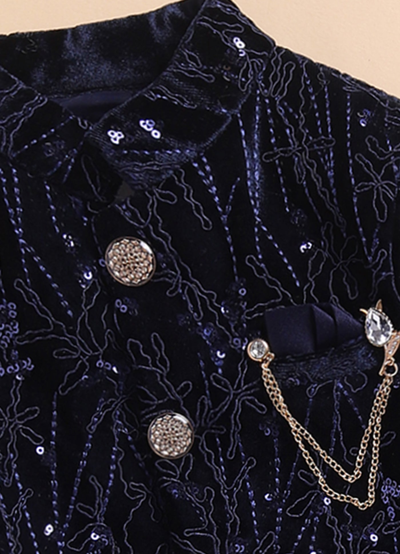 Velvet Full Sleeves Heavy All over Embellished and Embroidered Bandhgala Prince Coat with Trousers Ethnicwear Set- Navy