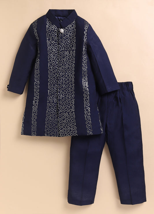 Silk Full Sleeves Zari Embroidered Achkan Bandhgala Sherwani  with Pants Ethnicwear Set- Navy