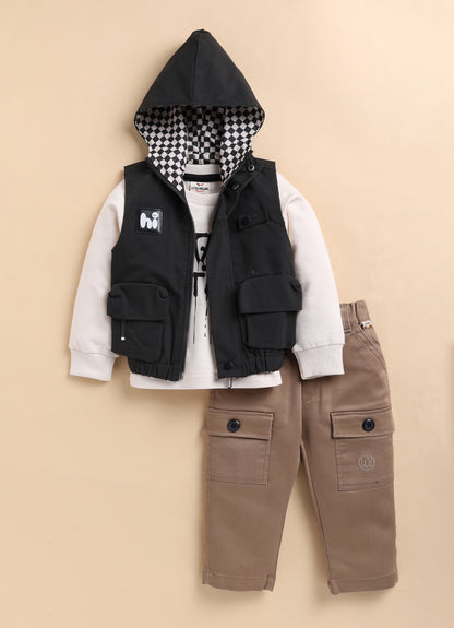 Blended Woven Technical Hooded Jacket Gilet with Utility Multi Pockets and Full Sleeves Tshirt and Trousers - Green