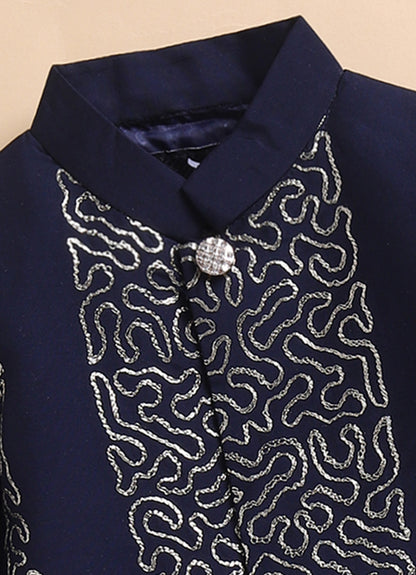 Silk Full Sleeves Zari Embroidered Achkan Bandhgala Sherwani  with Pants Ethnicwear Set- Navy