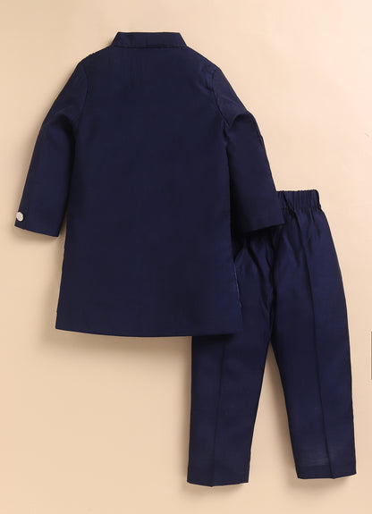 Silk Full Sleeves Zari Embroidered Achkan Bandhgala Sherwani  with Pants Ethnicwear Set- Navy
