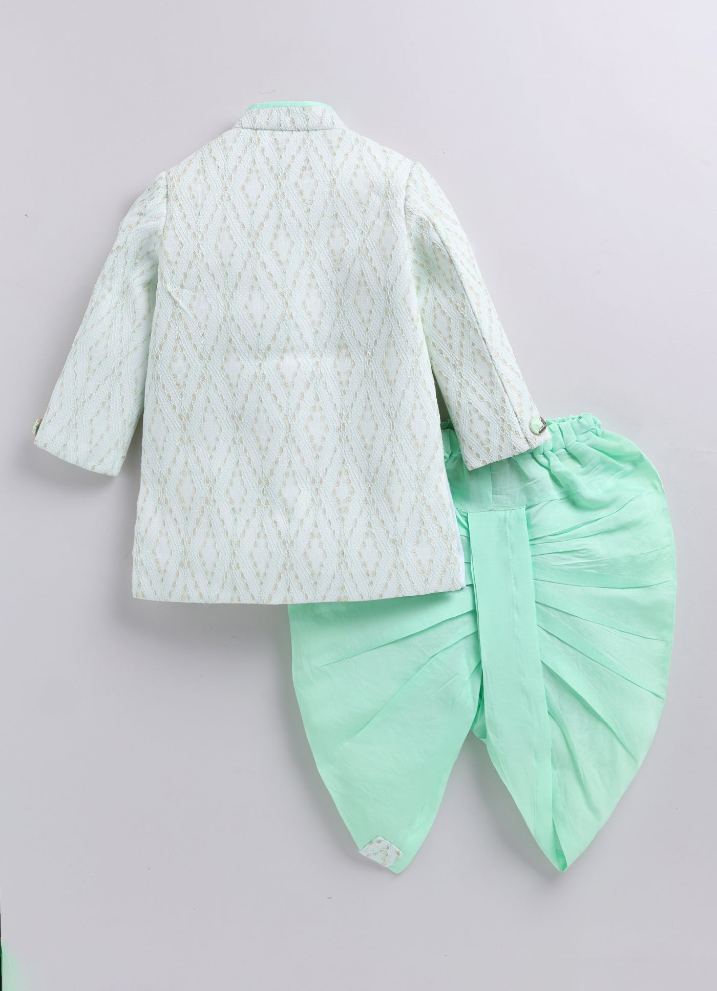 Blended Woven Full Sleeves Zari Work Embellished  & Abstract Embroidered Achkan With Dhoti Pant and Brooch Ethnic Set - Green