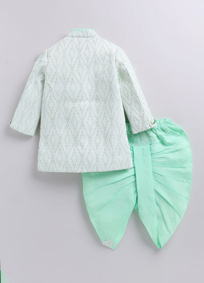 Blended Woven Full Sleeves Zari Work Embellished  & Abstract Embroidered Achkan With Dhoti Pant and Brooch Ethnic Set - Green
