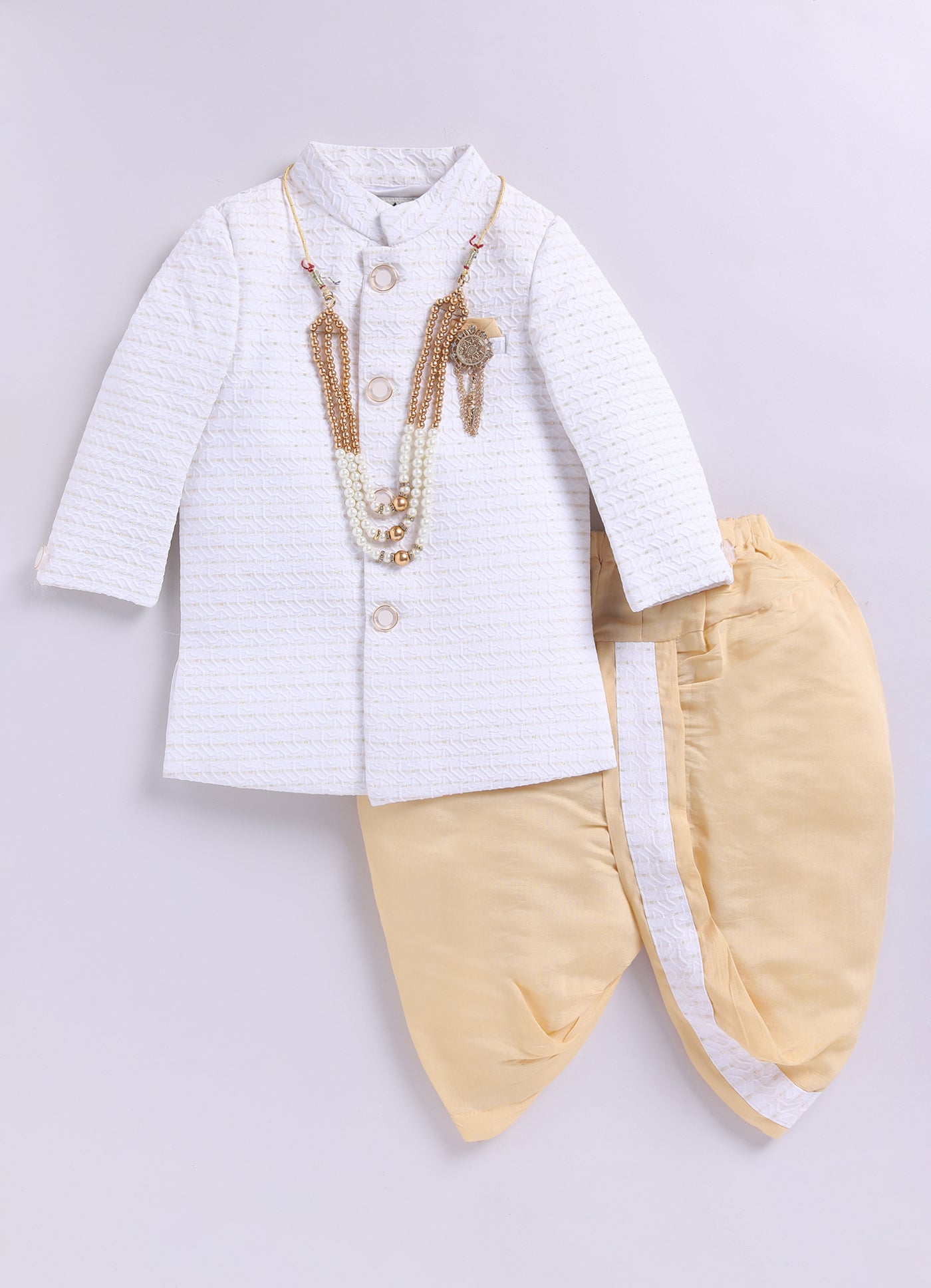 Blended Full Sleeves Self Design Jaquard & Zari Work Achkan & Dhoti Style Pant with Brooch and Necklace Ethnic Set- White