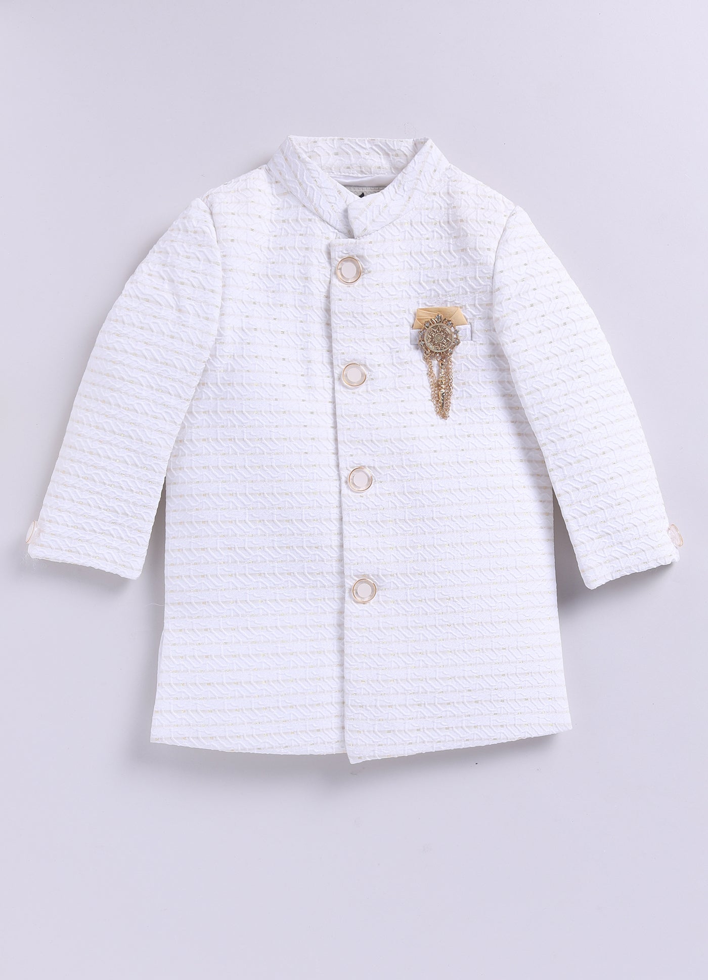 Blended Full Sleeves Self Design Jaquard & Zari Work Achkan & Dhoti Style Pant with Brooch and Necklace Ethnic Set- White