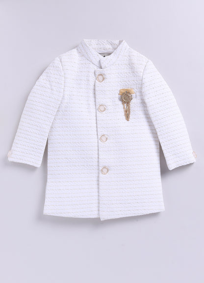 Blended Full Sleeves Self Design Jaquard & Zari Work Achkan & Dhoti Style Pant with Brooch and Necklace Ethnic Set- White