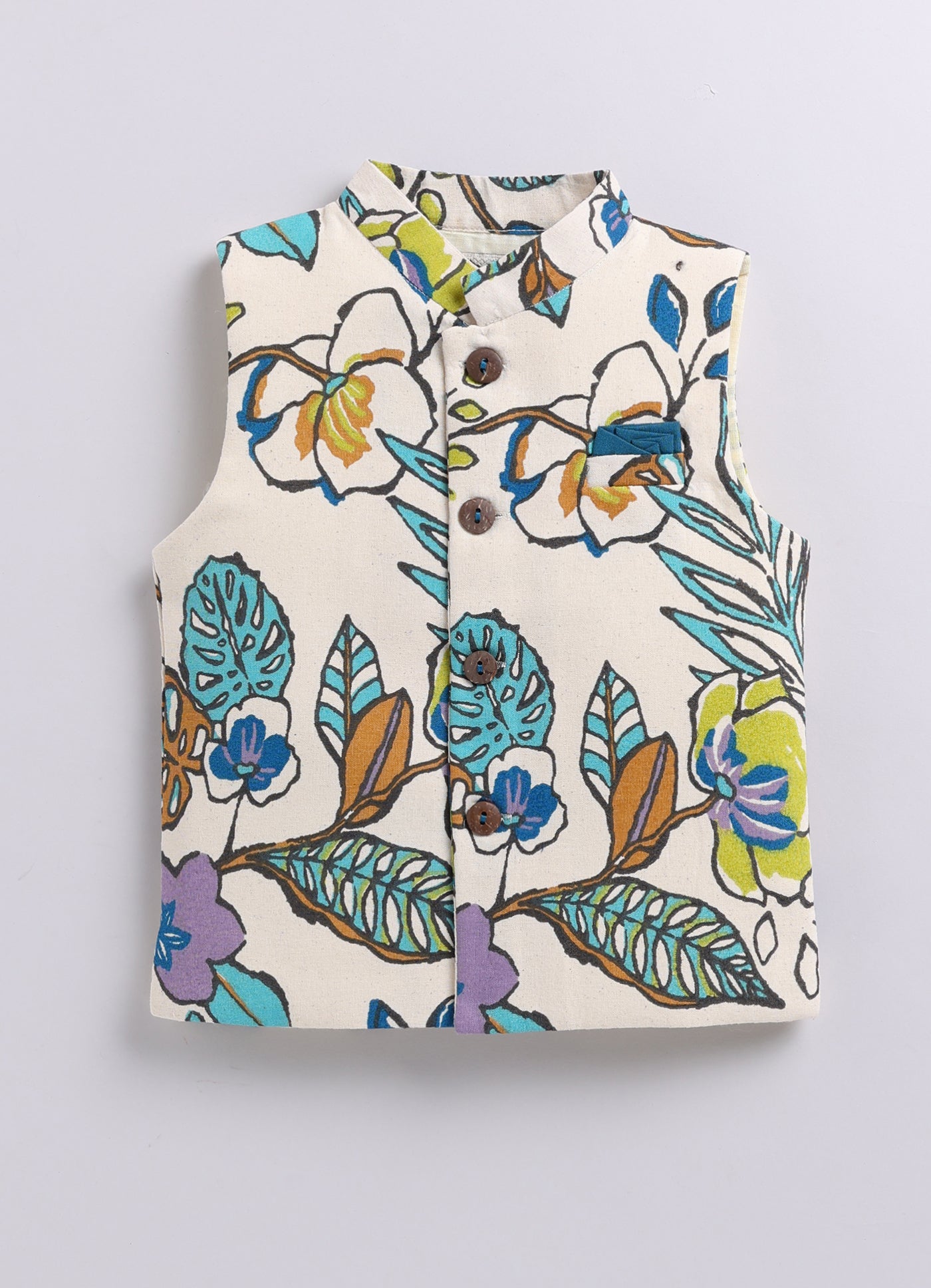 Pure Cotton Woven Full Sleeves Kurta Pajama with Multi Colour Floral Nehru Jacket Ethnic Set- Blue