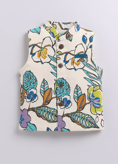 Pure Cotton Woven Full Sleeves Kurta Pajama with Multi Colour Floral Nehru Jacket Ethnic Set- Blue