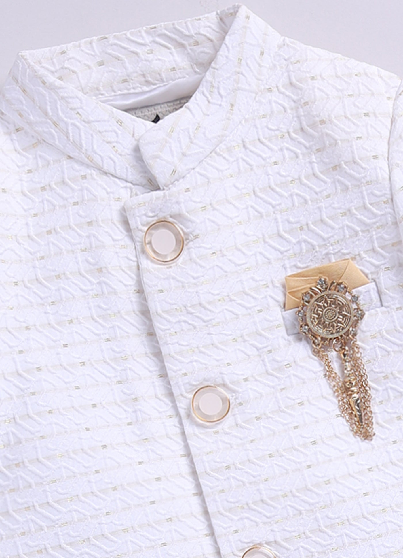 Blended Full Sleeves Self Design Jaquard & Zari Work Achkan & Dhoti Style Pant with Brooch and Necklace Ethnic Set- White