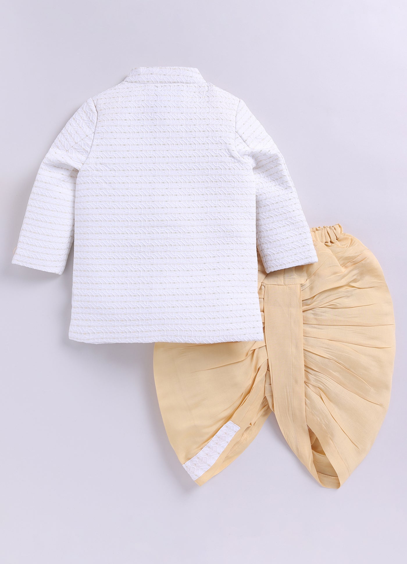 Blended Full Sleeves Self Design Jaquard & Zari Work Achkan & Dhoti Style Pant with Brooch and Necklace Ethnic Set- White