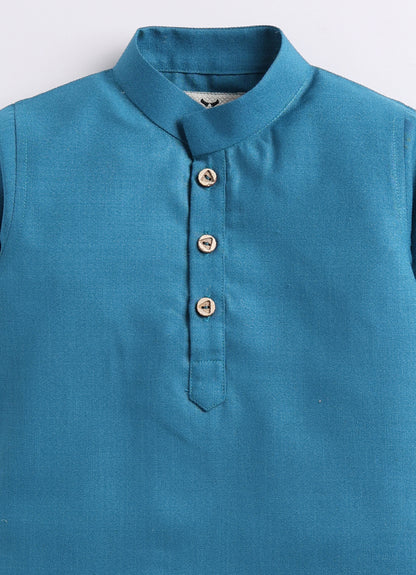 Pure Cotton Woven Full Sleeves Kurta Pajama with Multi Colour Floral Nehru Jacket Ethnic Set- Blue