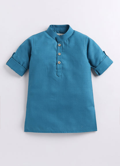 Pure Cotton Woven Full Sleeves Kurta Pajama with Multi Colour Floral Nehru Jacket Ethnic Set- Blue