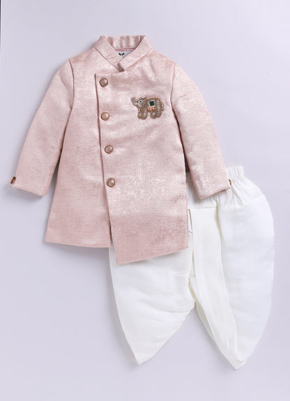 Blended Silk Full Sleeves Self Texture Elephant Hand Embroidered Achkan Bandh gala with Dhoti Ethnic wear Set- Peach