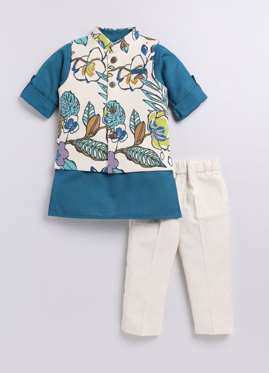 Pure Cotton Woven Full Sleeves Kurta Pajama with Multi Colour Floral Nehru Jacket Ethnic Set- Blue