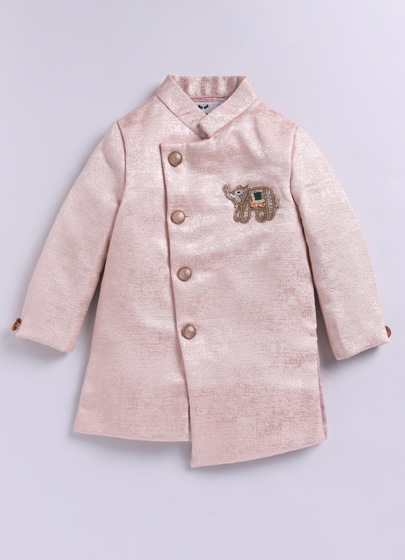 Blended Silk Full Sleeves Self Texture Elephant Hand Embroidered Achkan Bandh gala with Dhoti Ethnic wear Set- Peach