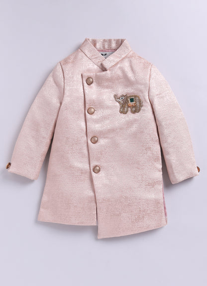 Blended Silk Full Sleeves Self Texture Elephant Hand Embroidered Achkan Bandh gala with Dhoti Ethnic wear Set- Peach