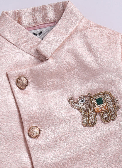 Blended Silk Full Sleeves Self Texture Elephant Hand Embroidered Achkan Bandh gala with Dhoti Ethnic wear Set- Peach