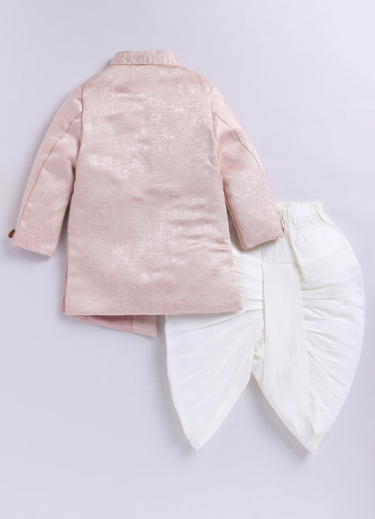 Blended Silk Full Sleeves Self Texture Elephant Hand Embroidered Achkan Bandh gala with Dhoti Ethnic wear Set- Peach