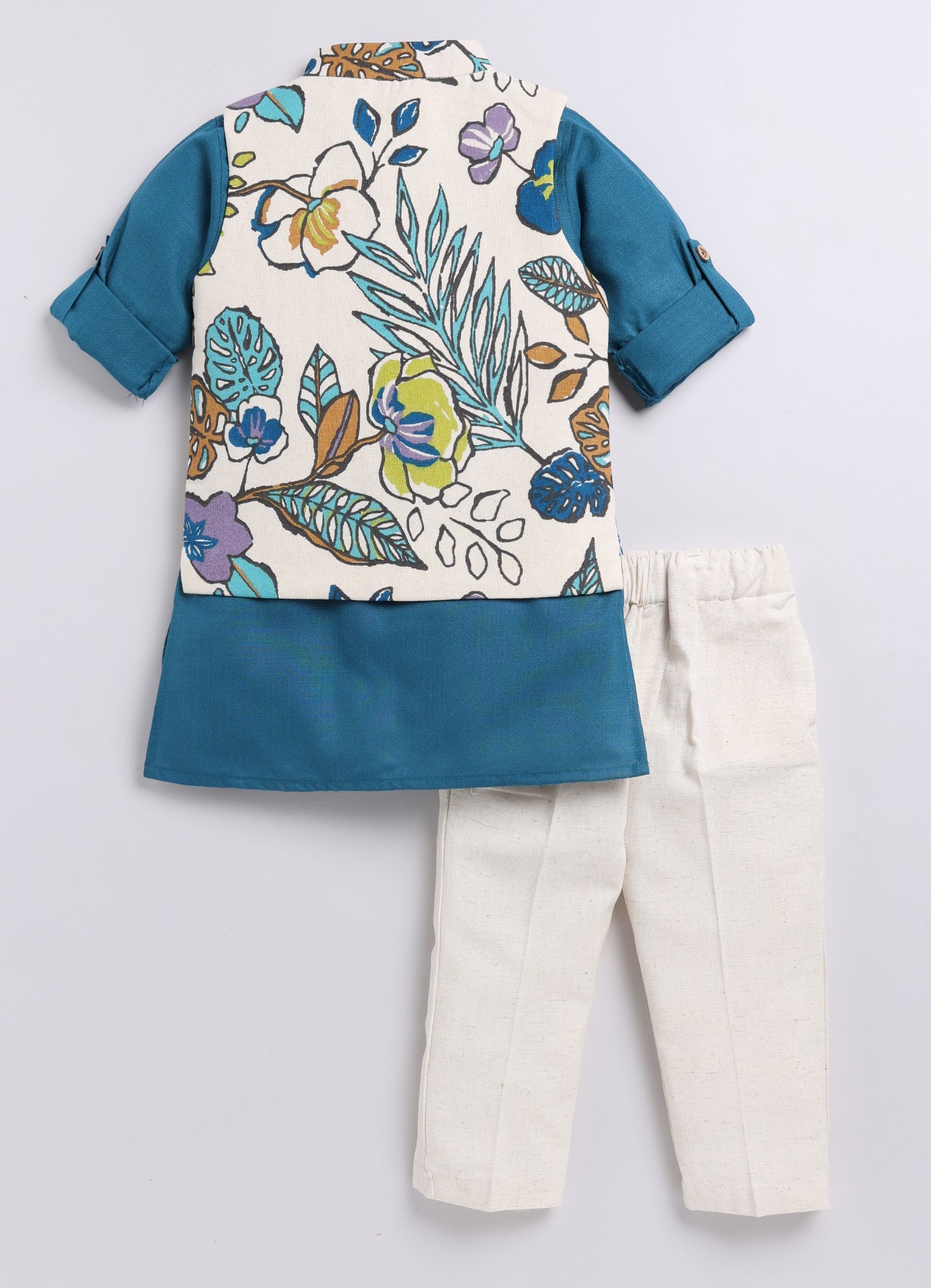 Pure Cotton Woven Full Sleeves Kurta Pajama with Multi Colour Floral Nehru Jacket Ethnic Set- Blue