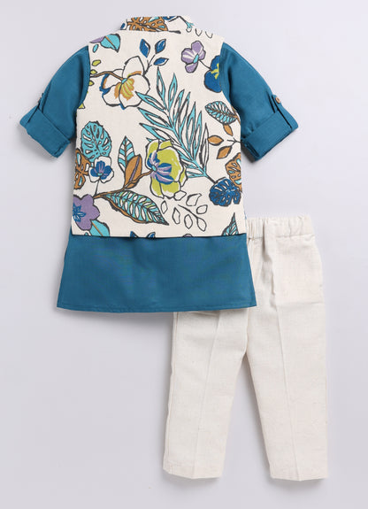 Pure Cotton Woven Full Sleeves Kurta Pajama with Multi Colour Floral Nehru Jacket Ethnic Set- Blue