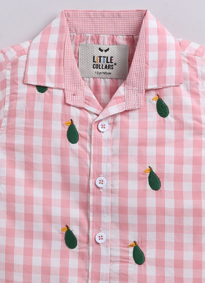 Pure Cotton Woven Half Sleeves Checks Shirt with Pear Embroidery, Pant with T-shirt Casual Set- Pink