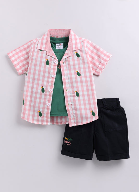 Pure Cotton Woven Half Sleeves Checks Shirt with Pear Embroidery, Pant with T-shirt Casual Set- Pink