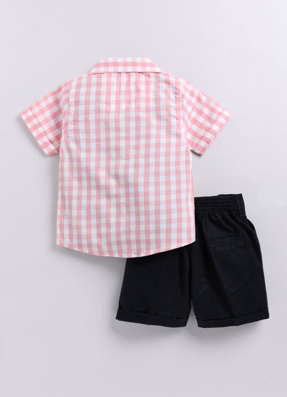 Pure Cotton Woven Half Sleeves Checks Shirt with Pear Embroidery, Pant with T-shirt Casual Set- Pink