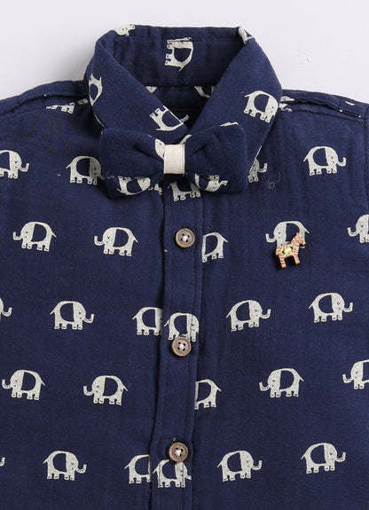 Organic Muslin Cotton Woven Half Sleeves Baby Elephant Print Shirt & Shorts With Suspender & Bow Set - Blue