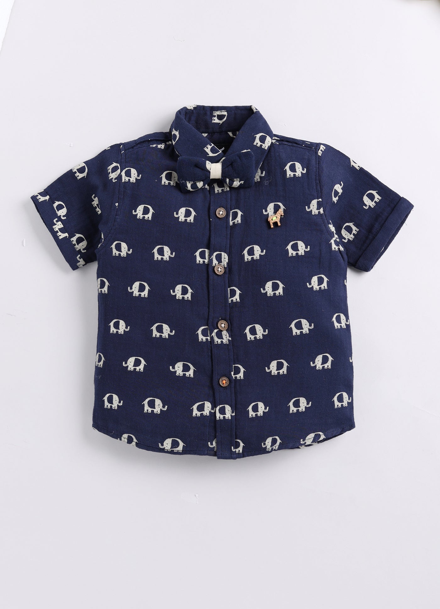 Organic Muslin Cotton Woven Half Sleeves Baby Elephant Print Shirt & Shorts With Suspender & Bow Set - Blue