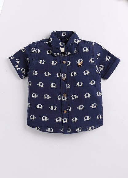 Organic Muslin Cotton Woven Half Sleeves Baby Elephant Print Shirt & Shorts With Suspender & Bow Set - Blue