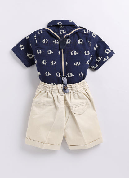 Organic Muslin Cotton Woven Half Sleeves Baby Elephant Print Shirt & Shorts With Suspender & Bow Set - Blue