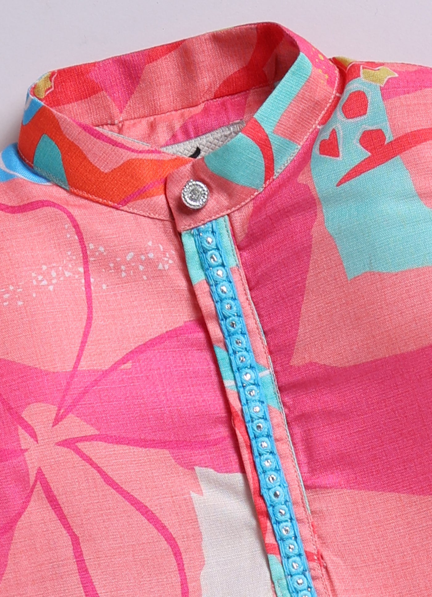 Blended Cotton Woven Bright Printed  Full Sleeves Kurta Pajama Ethnic Set- Peach