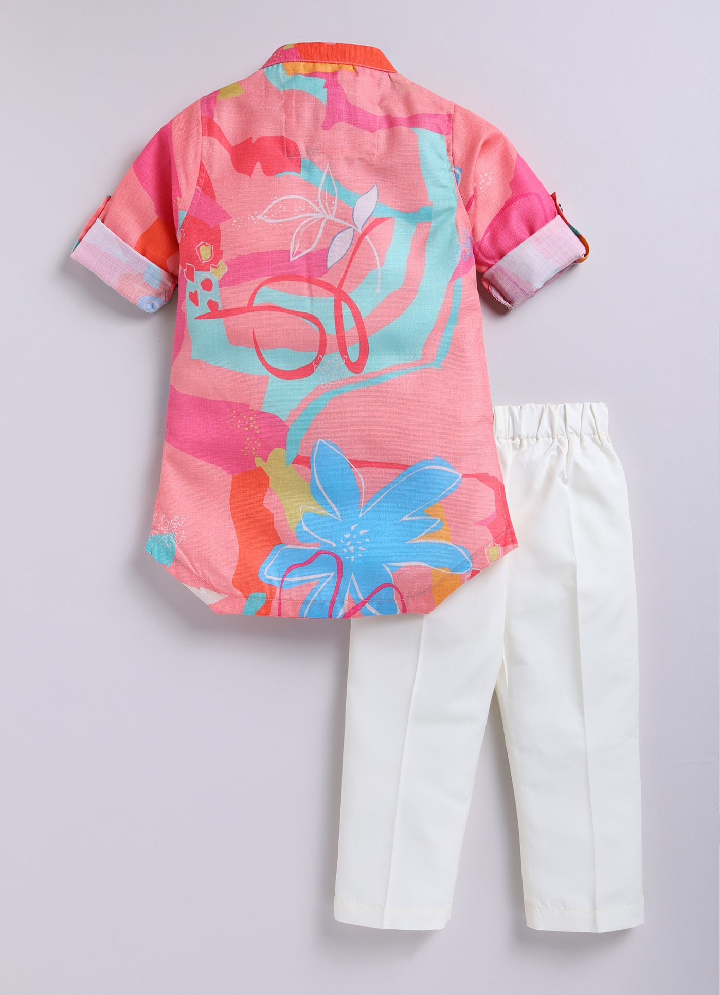 Blended Cotton Woven Bright Printed  Full Sleeves Kurta Pajama Ethnic Set- Peach