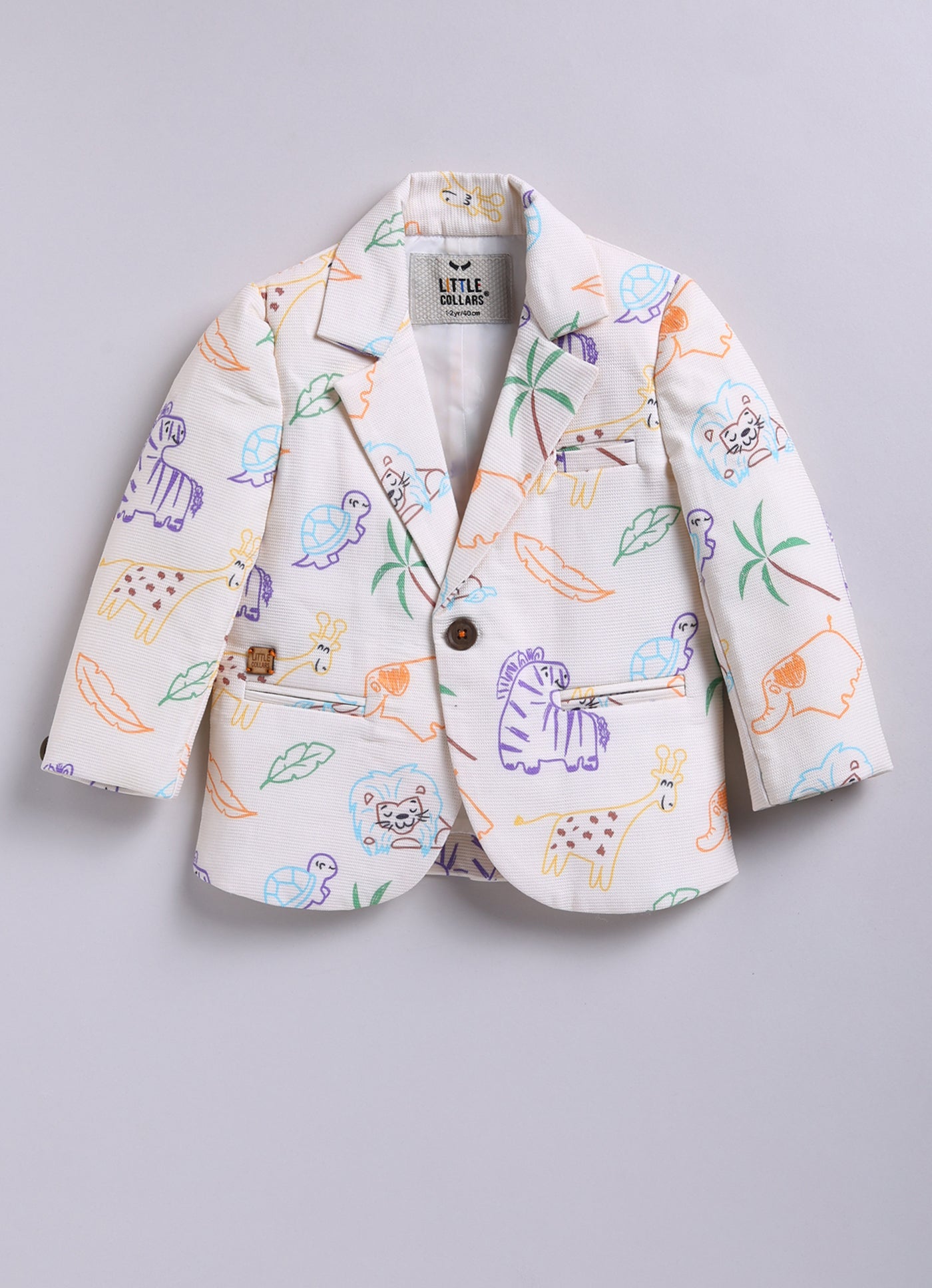 Boys Blended Cotton Woven Full Sleeves Casual Animal Printed Blazer T-Shirt & Pant Coat Set with Dori Belt- Cream