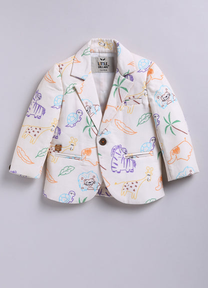 Boys Blended Cotton Woven Full Sleeves Casual Animal Printed Blazer T-Shirt & Pant Coat Set with Dori Belt- Cream