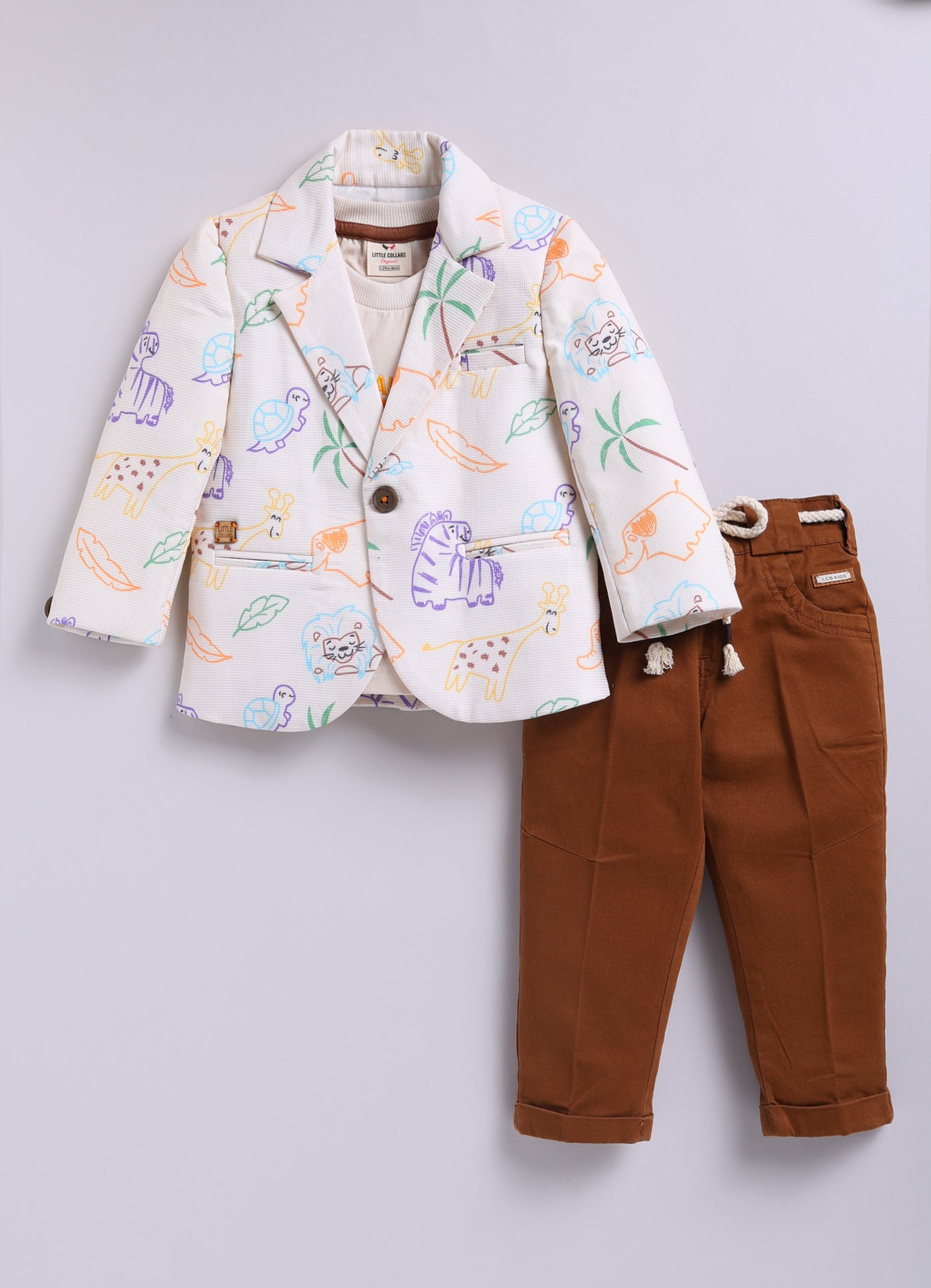 Boys Blended Cotton Woven Full Sleeves Casual Animal Printed Blazer T-Shirt & Pant Coat Set with Dori Belt- Cream