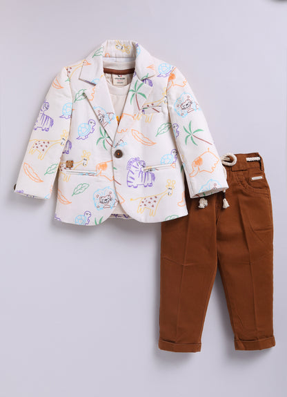 Boys Blended Cotton Woven Full Sleeves Casual Animal Printed Blazer T-Shirt & Pant Coat Set with Dori Belt- Cream