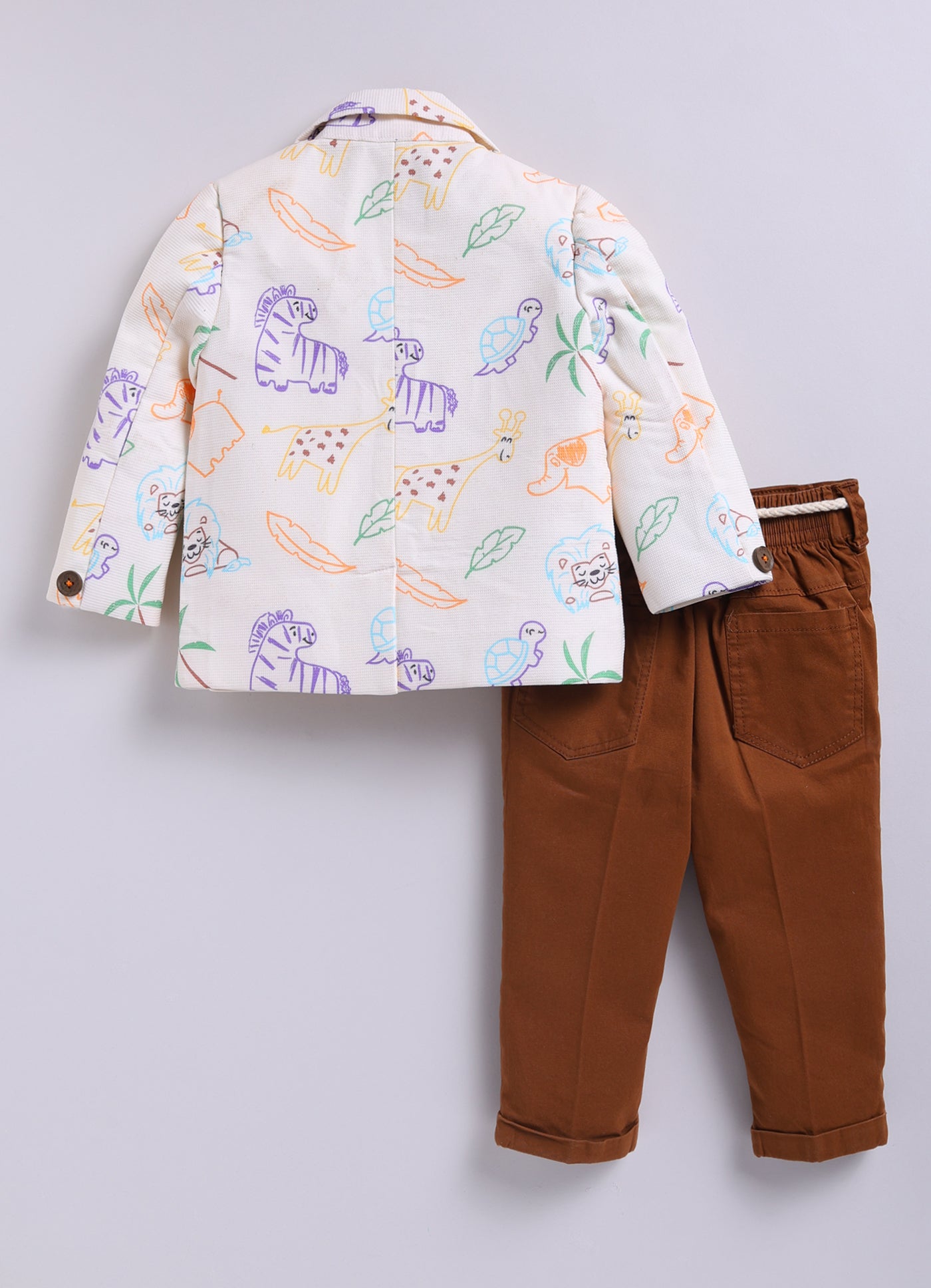 Boys Blended Cotton Woven Full Sleeves Casual Animal Printed Blazer T-Shirt & Pant Coat Set with Dori Belt- Cream