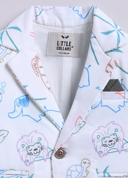 Boys Blended Cotton Woven Full Sleeves Casual Animal Printed Blazer T-Shirt & Pant Coat Set with Dori Belt- Green