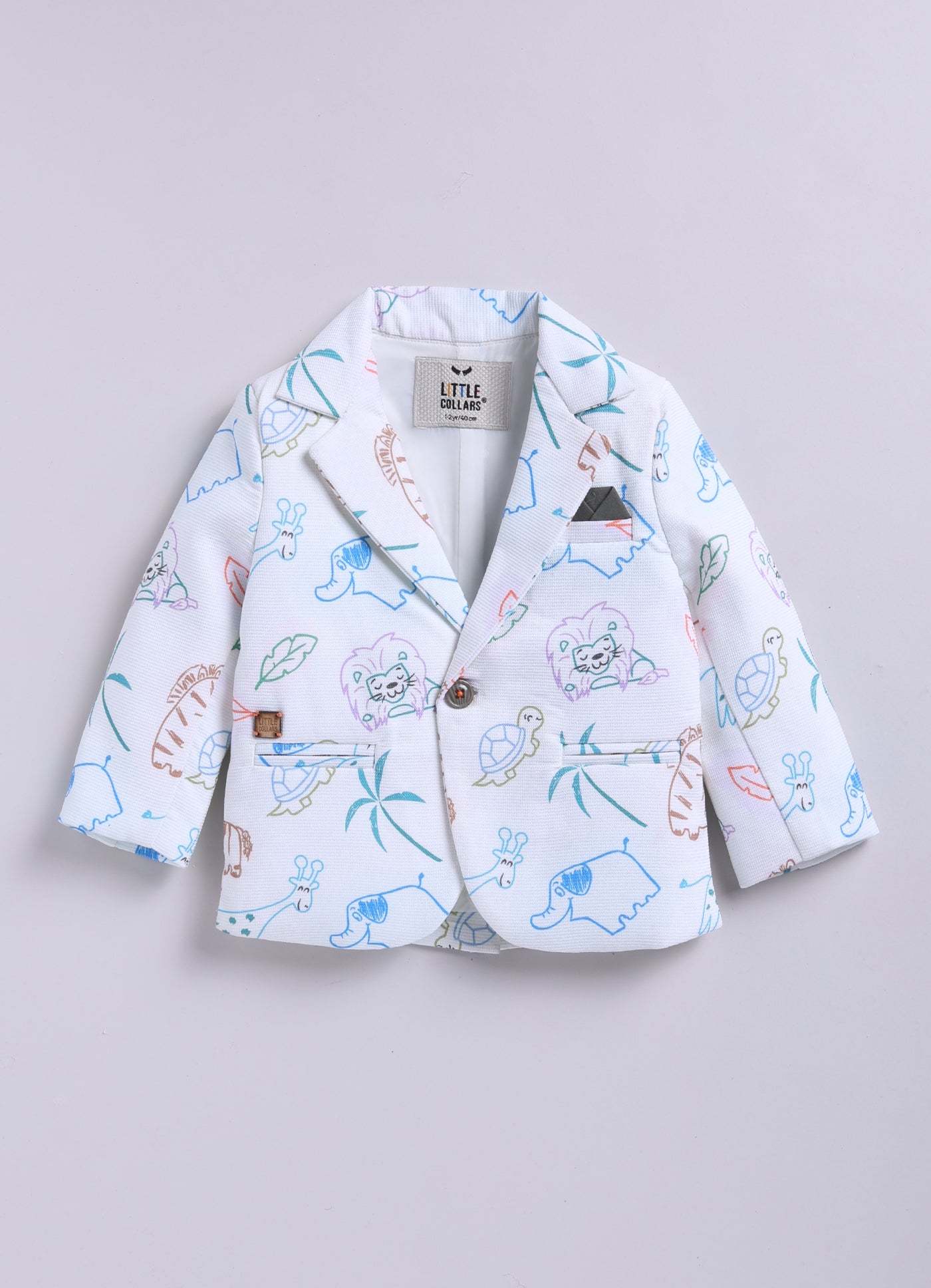 Boys Blended Cotton Woven Full Sleeves Casual Animal Printed Blazer T-Shirt & Pant Coat Set with Dori Belt- Green