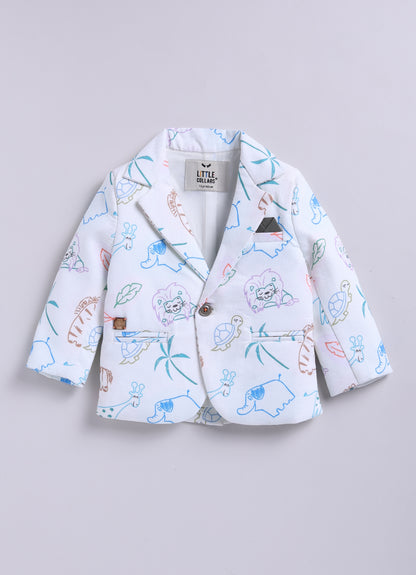 Boys Blended Cotton Woven Full Sleeves Casual Animal Printed Blazer T-Shirt & Pant Coat Set with Dori Belt- Green