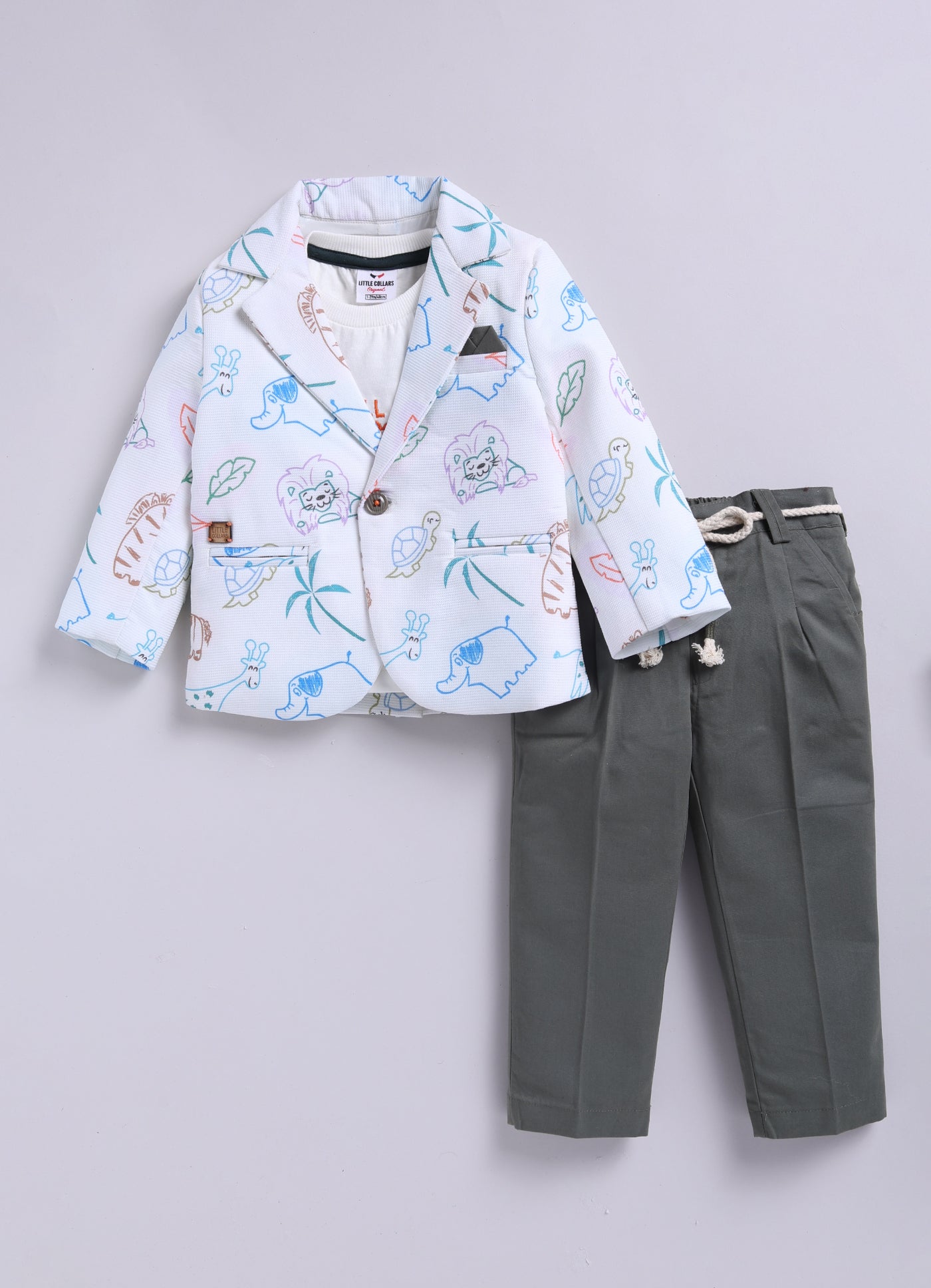 Boys Blended Cotton Woven Full Sleeves Casual Animal Printed Blazer T-Shirt & Pant Coat Set with Dori Belt- Green