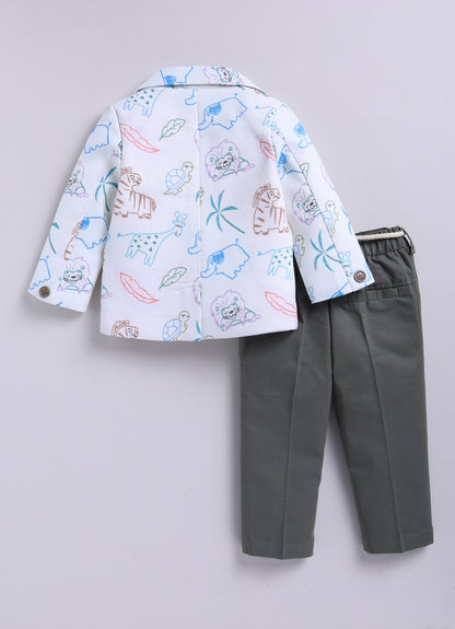 Boys Blended Cotton Woven Full Sleeves Casual Animal Printed Blazer T-Shirt & Pant Coat Set with Dori Belt- Green