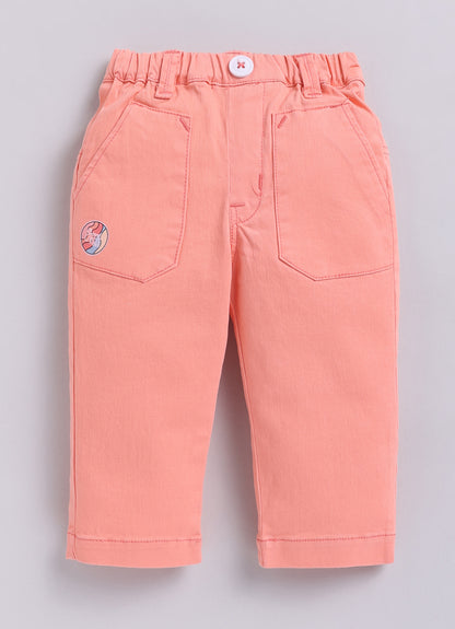 Boys Full Sleeves Cute Pocket, Full Sleeve Striped Shirt and Pant Casual Set- Peach