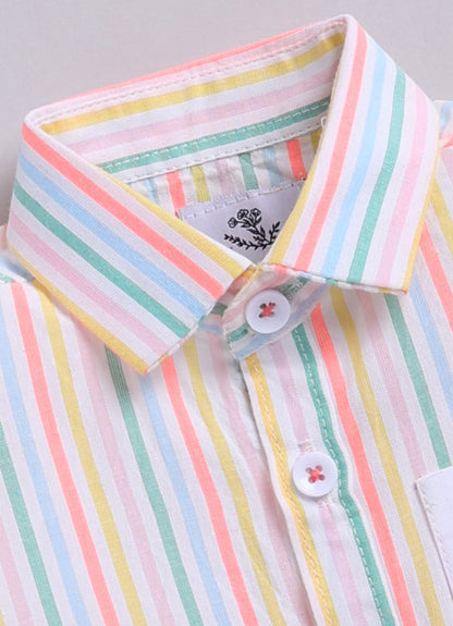 Boys Full Sleeves Cute Pocket, Full Sleeve Striped Shirt and Pant Casual Set- Peach