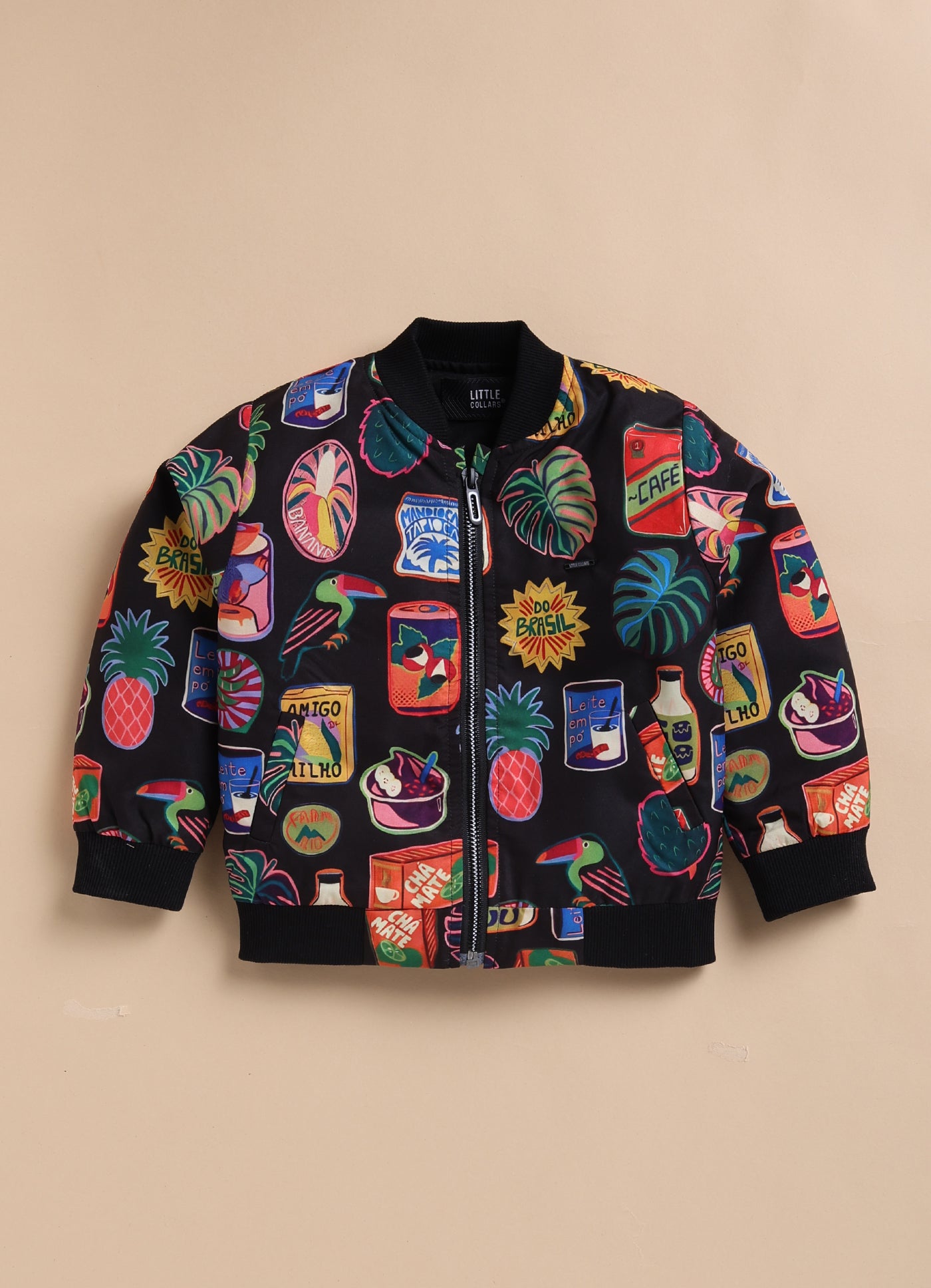 Blended Quirky Graphic Printed Woven Full Sleeves Zippered Sweat Jacket with Printed T-shirt and Pants Casual Set-Black